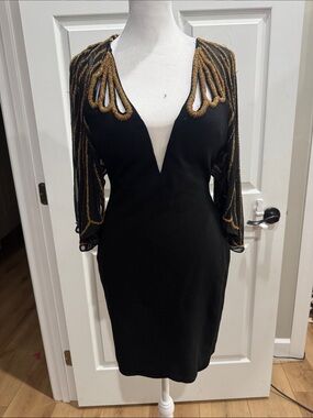 Jovani Black Sheath Dress with Gold Beaded Sleeves